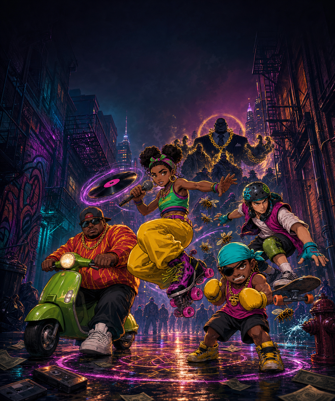 BonkCity key art with the crew defending the block
